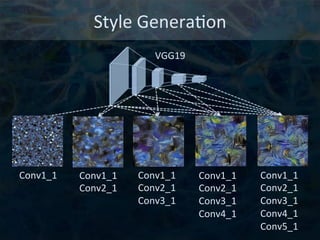 Style	
  Genera6on	
  
VGG19	
  
Conv1_1	
   Conv1_1	
  
Conv2_1	
  
Conv1_1	
  
Conv2_1	
  
Conv3_1	
  
	
  
Conv1_1	
  
...