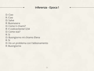 Inferenza - Epoca 1
21
D: Ciao
R: Ciao
D: Salve
R: Buonasera
D: Come ti chiami?
R: V codicecliente1234
D: Come stai?
R: Si
D: Buongiorno mi chiamo Elena
R: Si
D: Ho un problema con l’abbonamento
R: Buongiorno
 