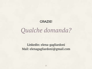 GRAZIE!
Qualche domanda?
Linkedin: elena-gagliardoni
Mail: elenagagliardoni@gmail.com
25
 