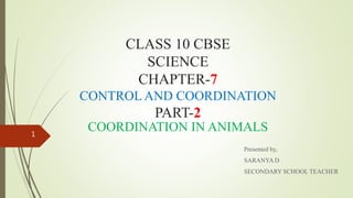 CLASS 10 CBSE
SCIENCE
CHAPTER-7
CONTROL AND COORDINATION
PART-2
COORDINATION IN ANIMALS
Presented by,
SARANYA D
SECONDARY SCHOOL TEACHER
1
 