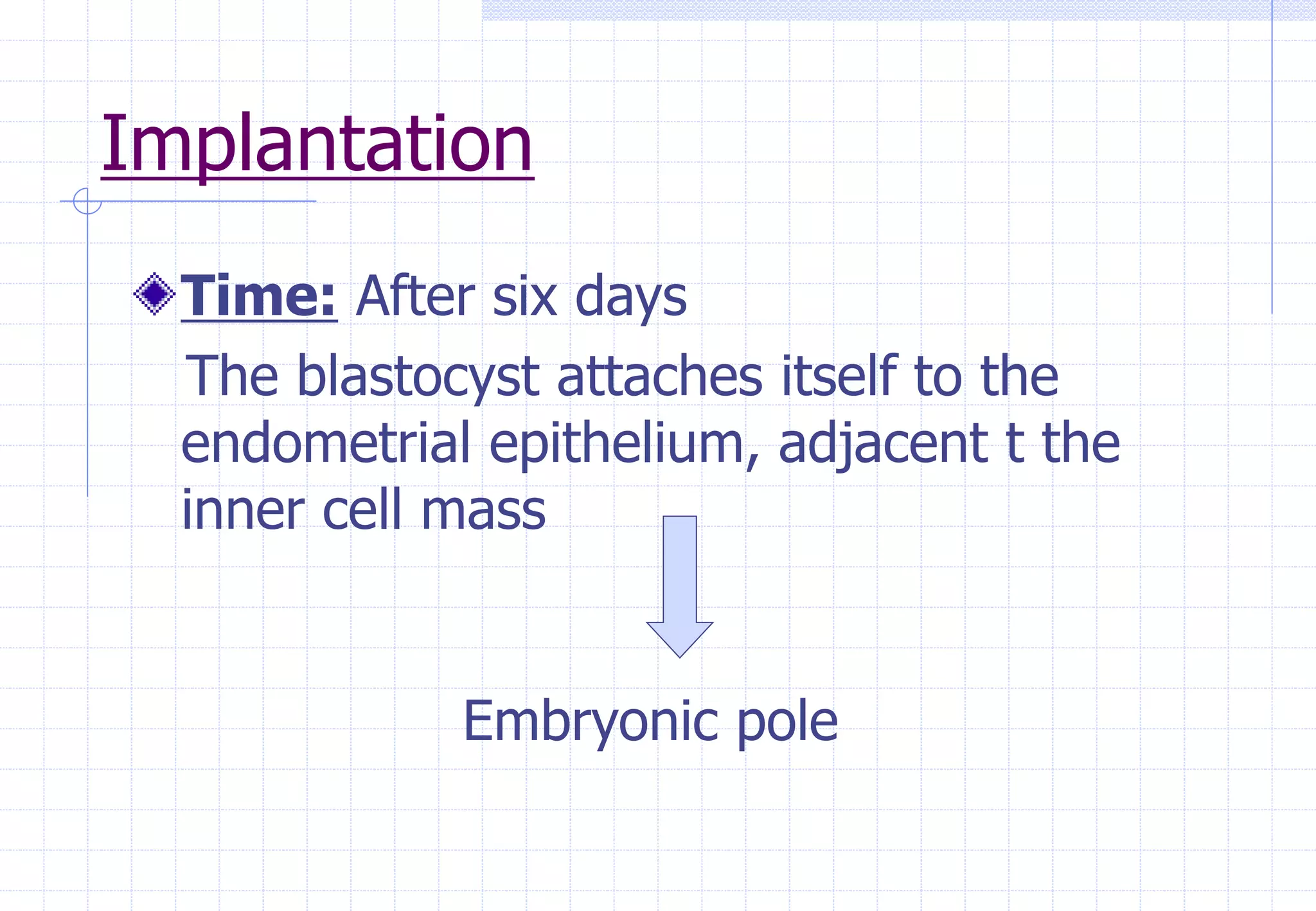 Implantation
Time: After six days
The blastocyst attaches itself to the
endometrial epithelium, adjacent t the
inner cell mass
Embryonic pole
 