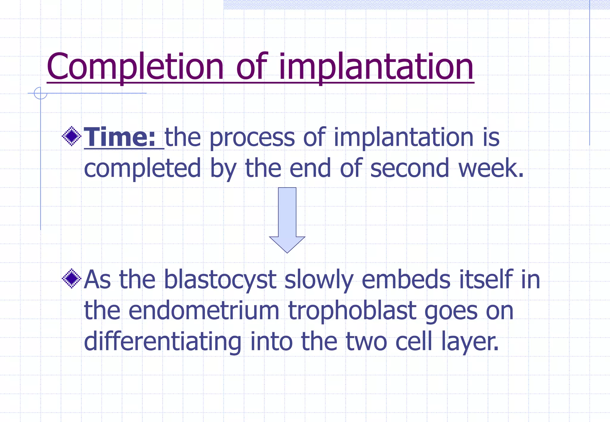 Completion of implantation
Time: the process of implantation is
completed by the end of second week.
As the blastocyst slowly embeds itself in
the endometrium trophoblast goes on
differentiating into the two cell layer.
 