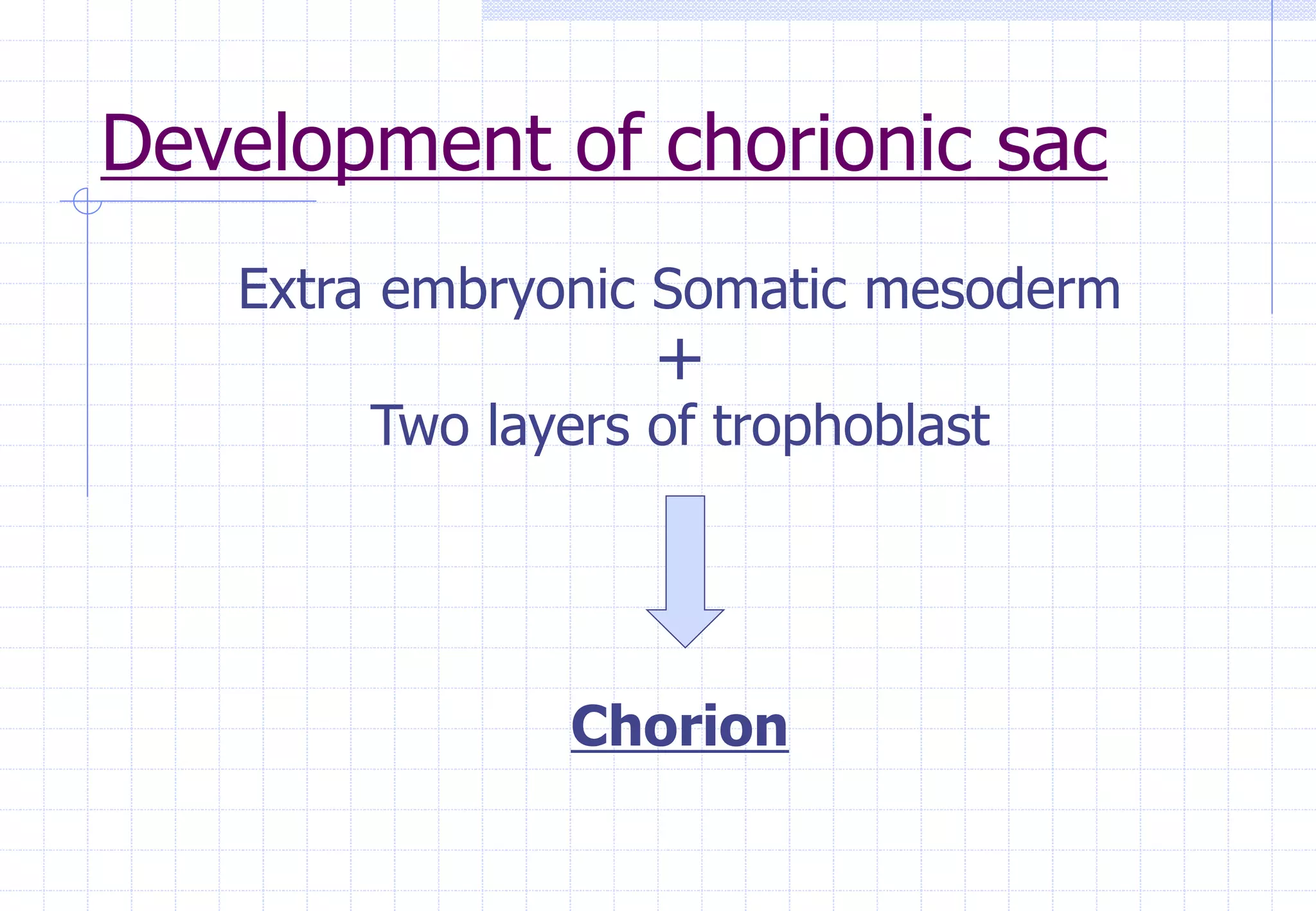 Development of chorionic sac
Extra embryonic Somatic mesoderm
+
Two layers of trophoblast
Chorion
 
