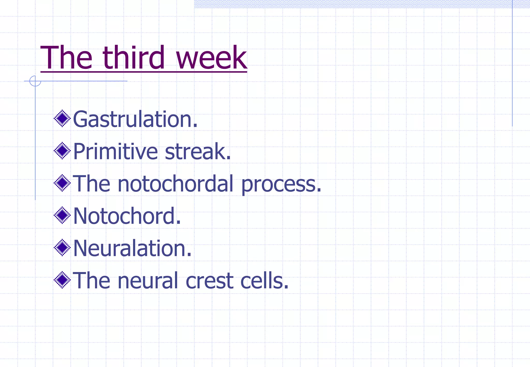 The third week
Gastrulation.
Primitive streak.
The notochordal process.
Notochord.
Neuralation.
The neural crest cells.
 