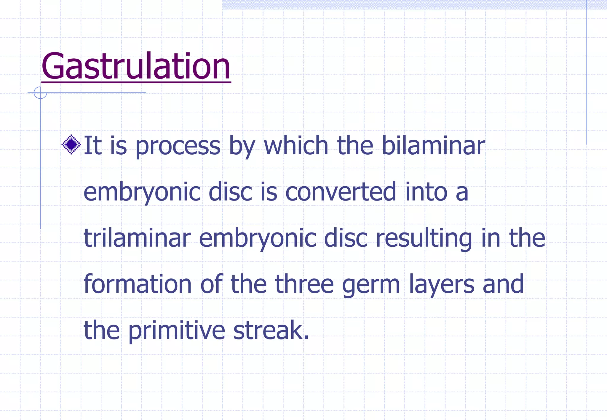 Gastrulation
It is process by which the bilaminar
embryonic disc is converted into a
trilaminar embryonic disc resulting in the
formation of the three germ layers and
the primitive streak.
 