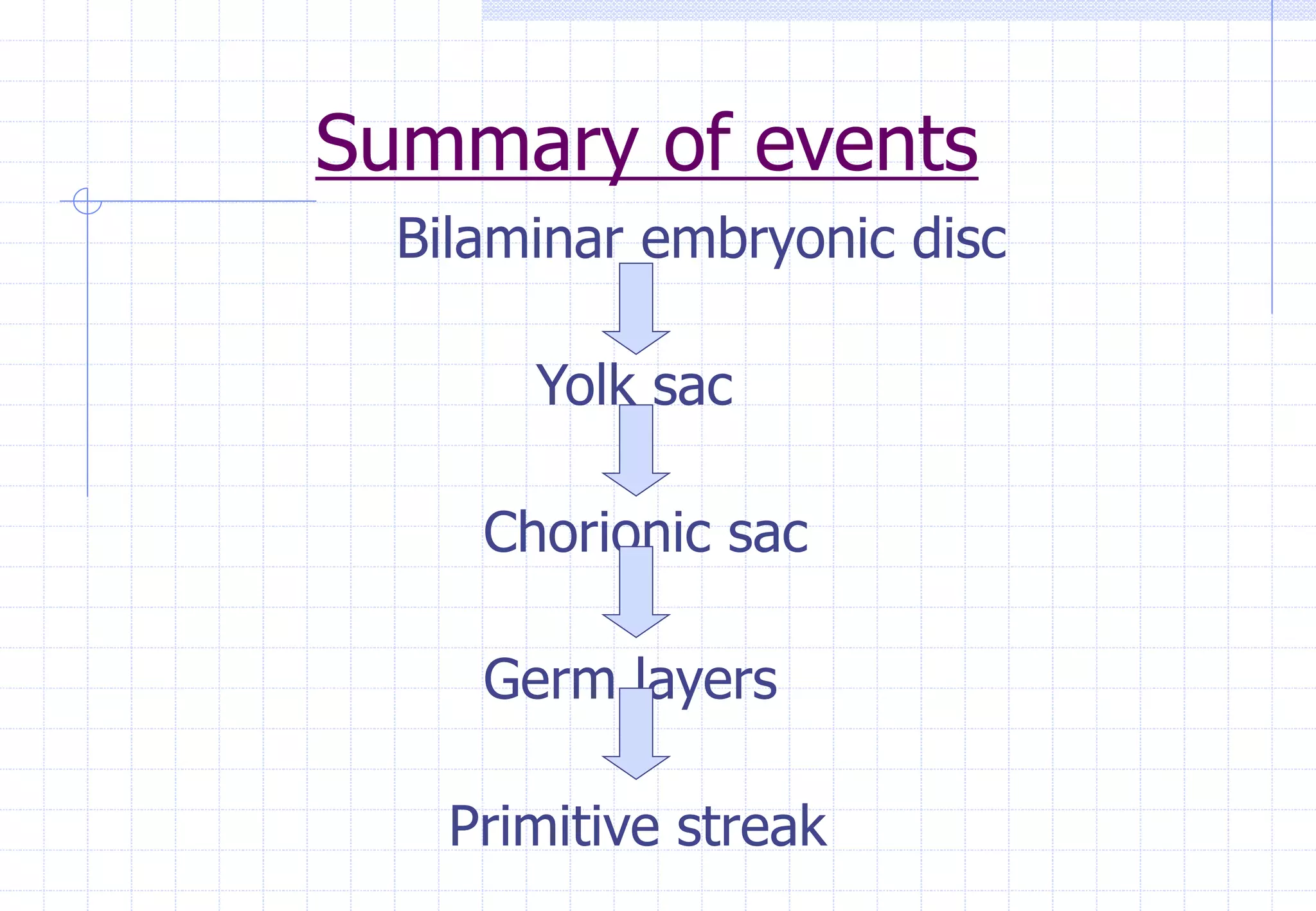 Summary of events
Bilaminar embryonic disc
Yolk sac
Chorionic sac
Germ layers
Primitive streak
 