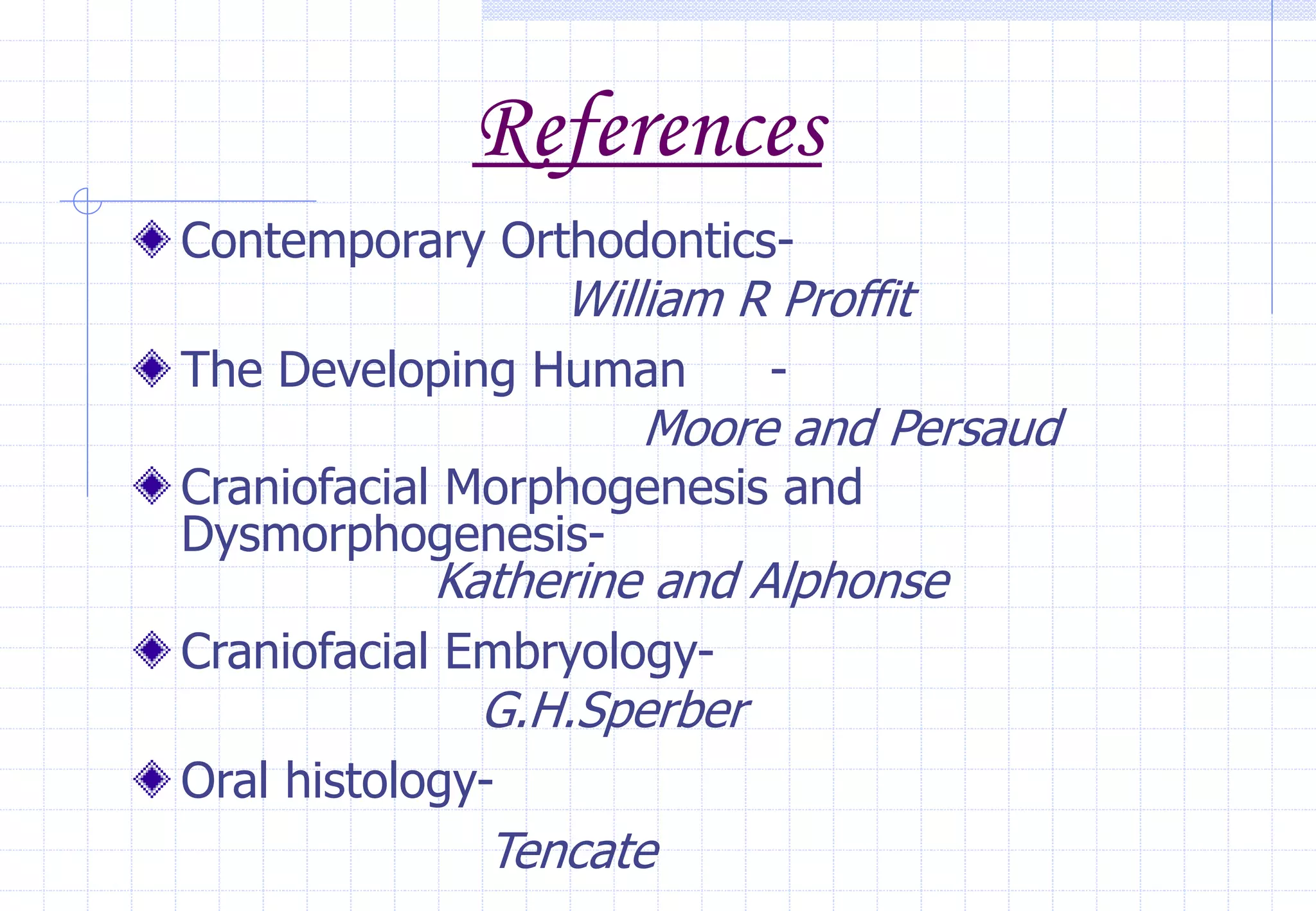 References
Contemporary Orthodontics-
William R Proffit
The Developing Human -
Moore and Persaud
Craniofacial Morphogenesis and
Dysmorphogenesis-
Katherine and Alphonse
Craniofacial Embryology-
G.H.Sperber
Oral histology-
Tencate
 