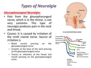 Types of Neuralgia
Glossopharyngeal Neuralgia:
• Pain from the glossopharyngeal
nerve, which is in the throat, is not
very common. This type of
neuralgia produces pain in the neck
and throat.
• Causes: It is caused by irritation of
the ninth cranial nerve. Source of
irritation is
– Blood vessels pressing on the
glossopharyngeal nerve
– Growths at the base of the skull pressing
on the glossopharyngeal nerve
– Tumors or infections of the throat and
mouth pressing on the glossopharyngeal
nerve
 