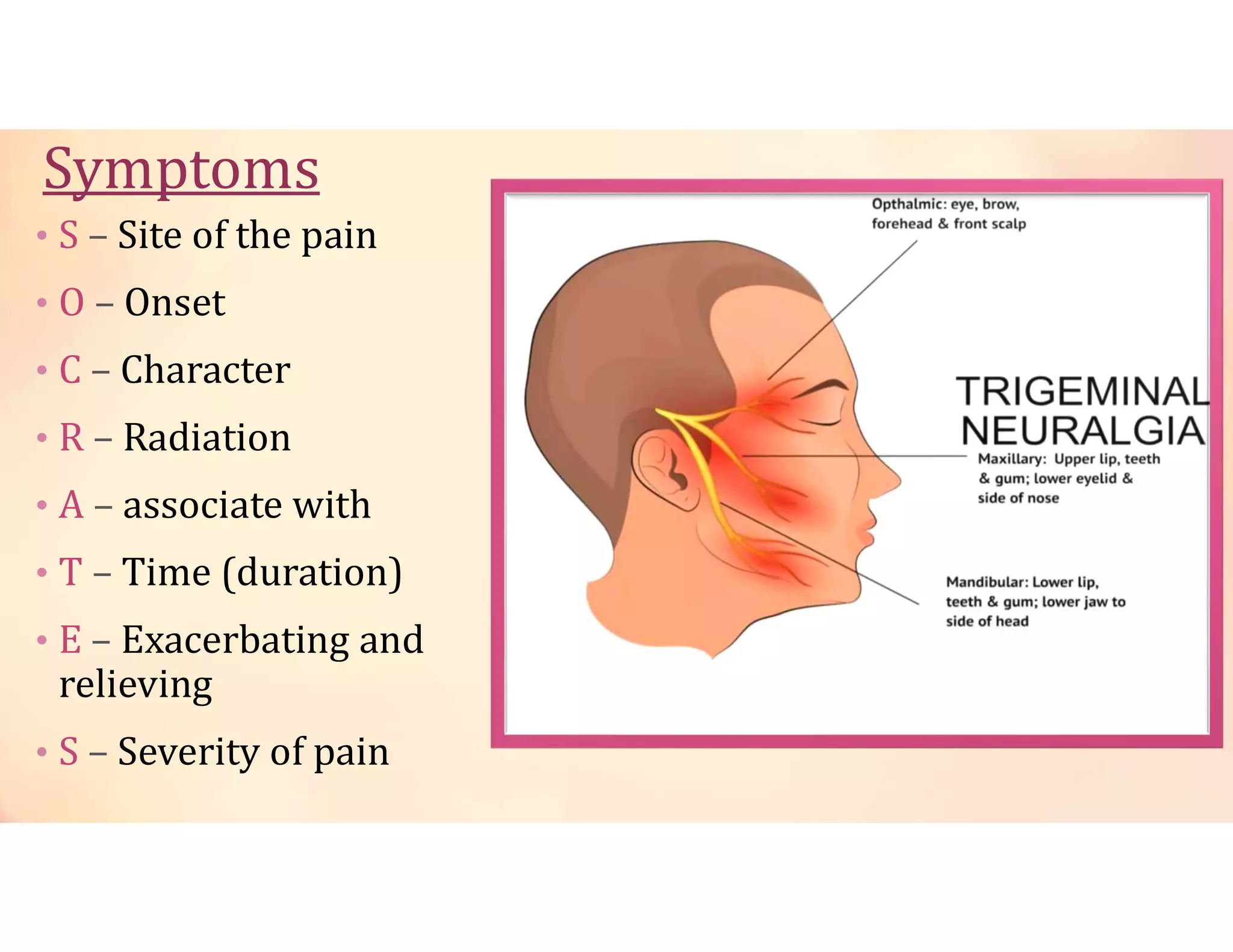 Symptoms
• S – Site of the pain
• O – Onset
• C – Character
• R – Radiation
• A – associate with
• T – Time (duration)
• E – Exacerbating and
relieving
• S – Severity of pain
 