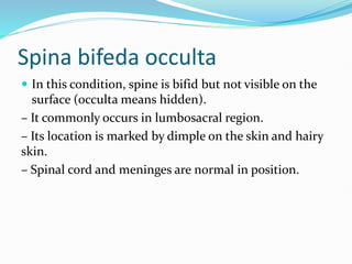 Spina bifeda occulta
 In this condition, spine is bifid but not visible on the
surface (occulta means hidden).
– It commonly occurs in lumbosacral region.
– Its location is marked by dimple on the skin and hairy
skin.
– Spinal cord and meninges are normal in position.
 