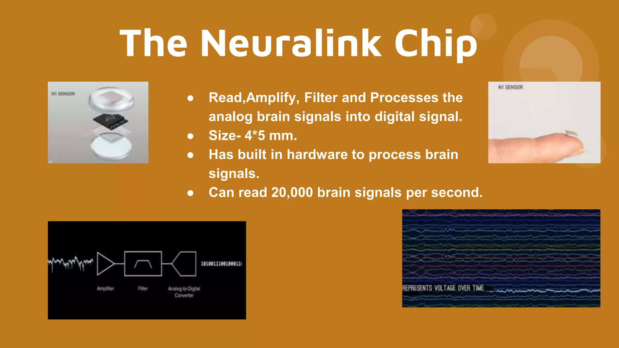 The Neuralink Chip
● Read,Amplify, Filter and Processes the
analog brain signals into digital signal.
● Size- 4*5 mm.
● Has built in hardware to process brain
signals.
● Can read 20,000 brain signals per second.
 
