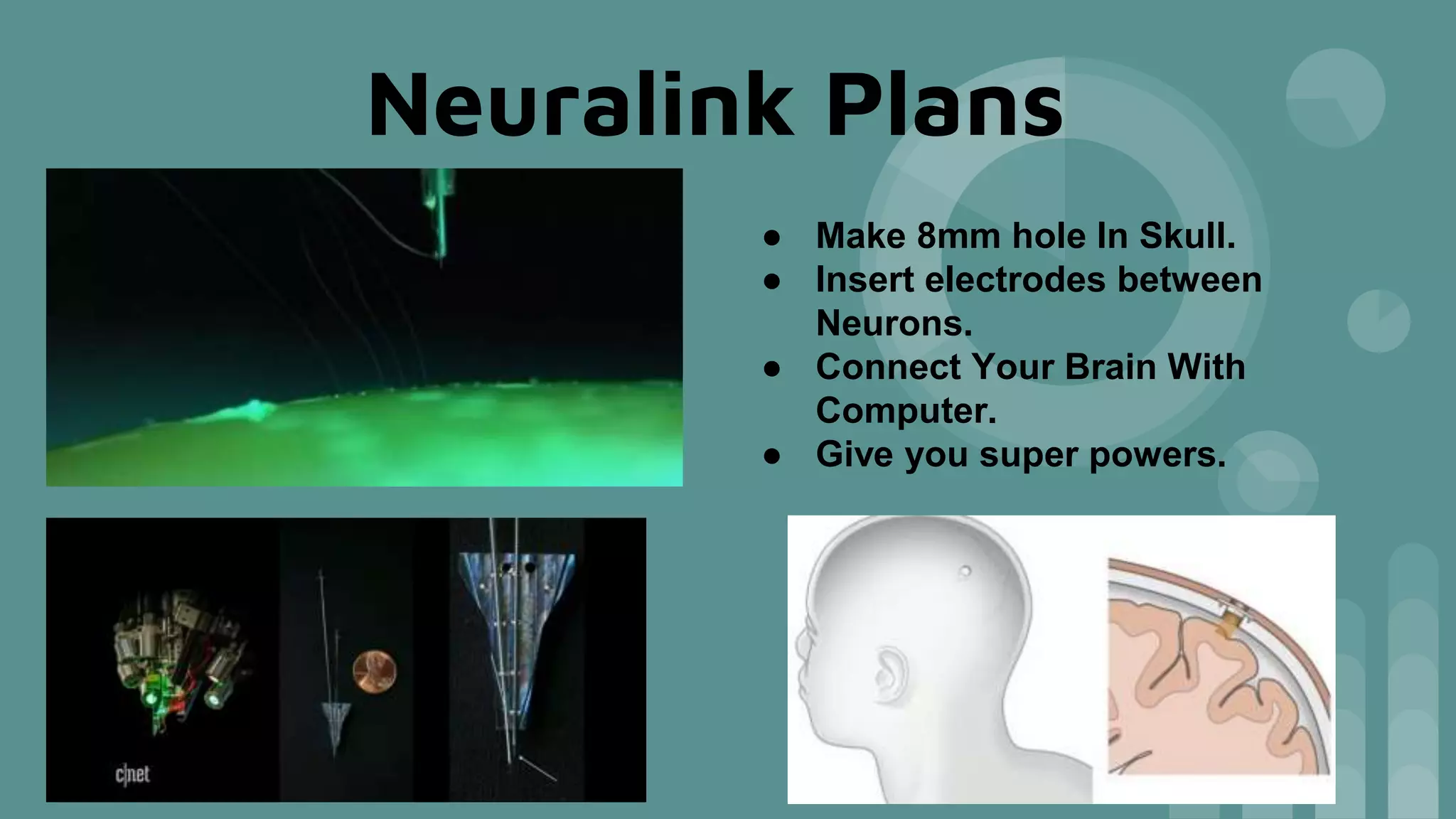Neuralink Plans
● Make 8mm hole In Skull.
● Insert electrodes between
Neurons.
● Connect Your Brain With
Computer.
● Give you super powers.
 