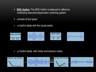  EEG rhythm: The EEG rhythm is believed to reflect an
underlying execution/observation matching system.
 consists of two types:
• α rhythm deals with the visual cortex
• µ rhythm deals with motor and sensory cortex
 