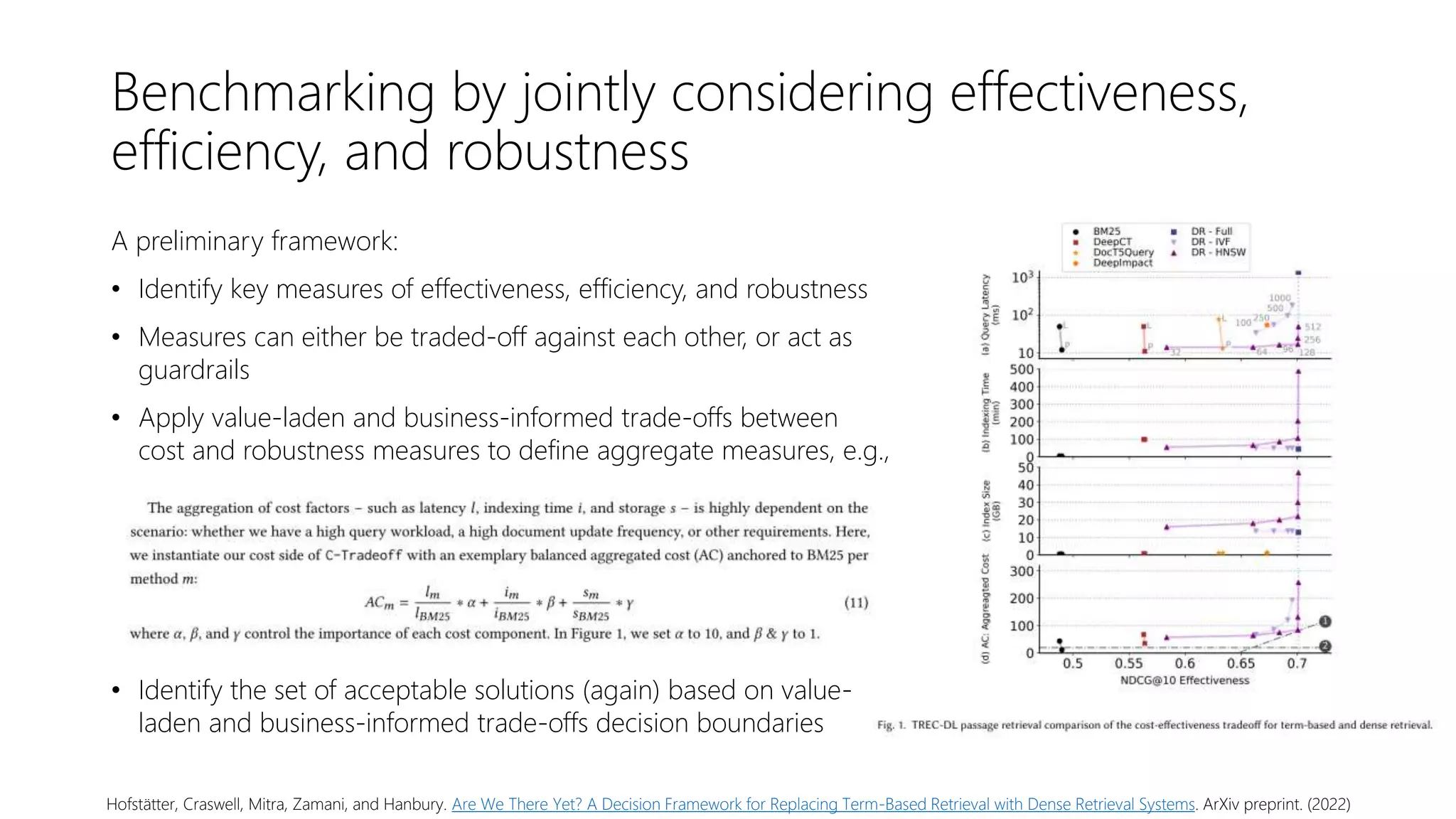 Benchmarking by jointly considering effectiveness,
efficiency, and robustness
Hofstätter, Craswell, Mitra, Zamani, and Hanbury. Are We There Yet? A Decision Framework for Replacing Term-Based Retrieval with Dense Retrieval Systems. ArXiv preprint. (2022)
A preliminary framework:
• Identify key measures of effectiveness, efficiency, and robustness
• Measures can either be traded-off against each other, or act as
guardrails
• Apply value-laden and business-informed trade-offs between
cost and robustness measures to define aggregate measures, e.g.,
• Identify the set of acceptable solutions (again) based on value-
laden and business-informed trade-offs decision boundaries
 