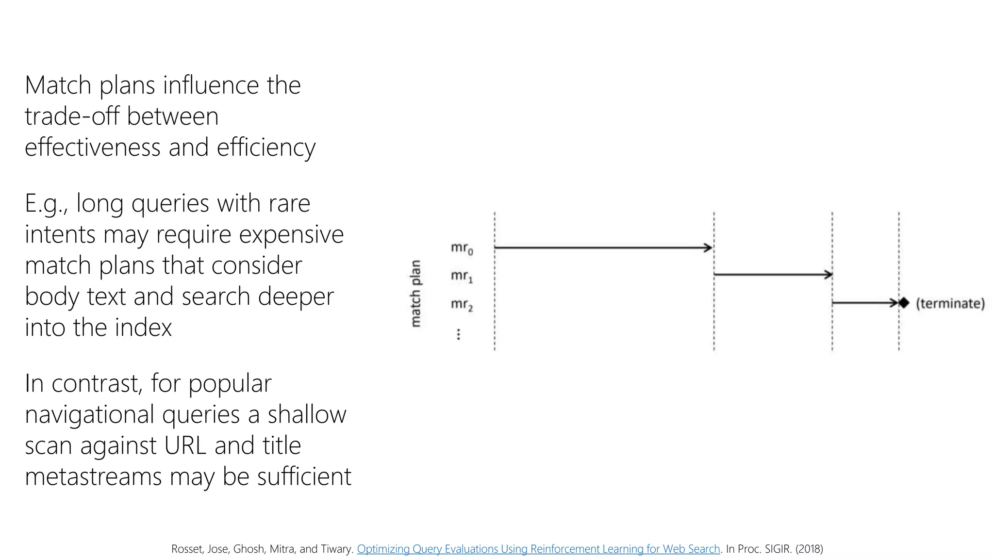Match plans influence the
trade-off between
effectiveness and efficiency
E.g., long queries with rare
intents may require expensive
match plans that consider
body text and search deeper
into the index
In contrast, for popular
navigational queries a shallow
scan against URL and title
metastreams may be sufficient
Rosset, Jose, Ghosh, Mitra, and Tiwary. Optimizing Query Evaluations Using Reinforcement Learning for Web Search. In Proc. SIGIR. (2018)
 