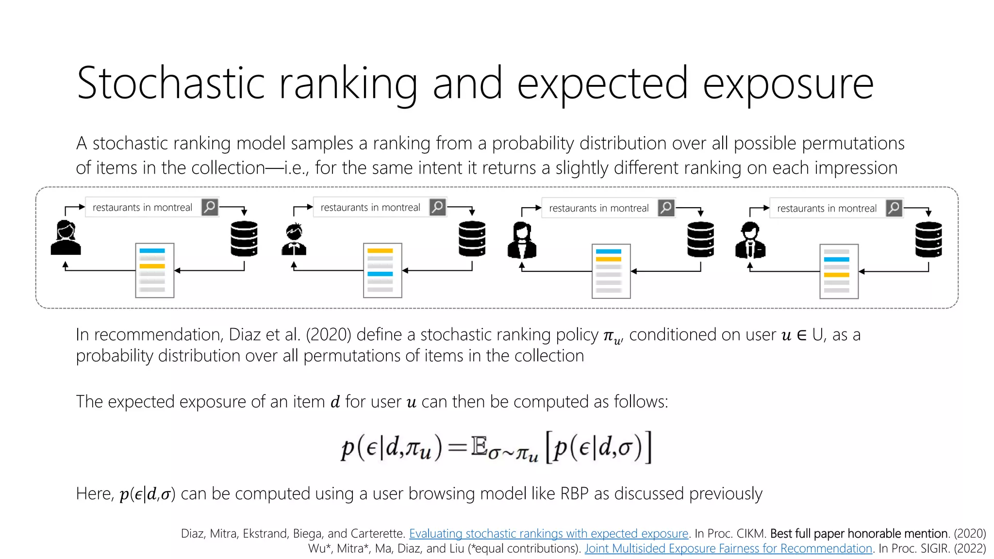 Stochastic ranking and expected exposure
In recommendation, Diaz et al. (2020) define a stochastic ranking policy 𝜋𝑢, conditioned on user 𝑢 ∈ U, as a
probability distribution over all permutations of items in the collection
The expected exposure of an item 𝑑 for user 𝑢 can then be computed as follows:
Here, 𝑝(𝜖|𝑑,𝜎) can be computed using a user browsing model like RBP as discussed previously
Diaz, Mitra, Ekstrand, Biega, and Carterette. Evaluating stochastic rankings with expected exposure. In Proc. CIKM. Best full paper honorable mention. (2020)
Wu*, Mitra*, Ma, Diaz, and Liu (*equal contributions). Joint Multisided Exposure Fairness for Recommendation. In Proc. SIGIR. (2022)
A stochastic ranking model samples a ranking from a probability distribution over all possible permutations
of items in the collection—i.e., for the same intent it returns a slightly different ranking on each impression
restaurants in montreal restaurants in montreal
restaurants in montreal
restaurants in montreal
 