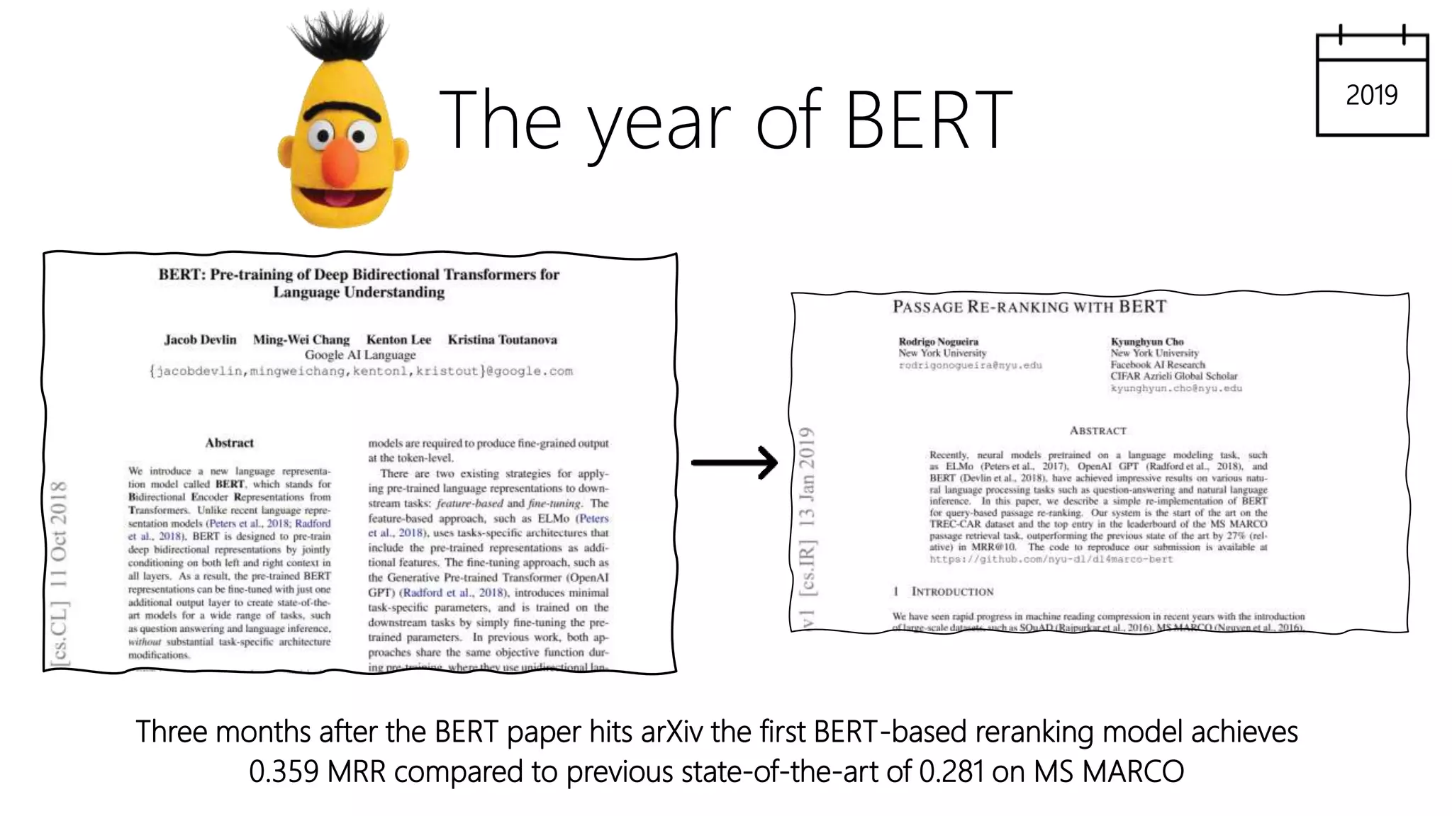 The year of BERT
Three months after the BERT paper hits arXiv the first BERT-based reranking model achieves
0.359 MRR compared to previous state-of-the-art of 0.281 on MS MARCO
2019
 