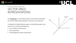 A QUICK REFRESHER ON
VECTOR SPACE
REPRESENTATIONS
An embedding is a new (latent) space such that the properties
of, and the relationships between, the items are preserved
Compared to original feature space an embedding space may
have one or more of the following:
• Less number of dimensions
• Less sparseness
• Disentangled principle components
 