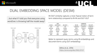 DUAL EMBEDDING SPACE MODEL (DESM)
…but what if I told you that everyone using
word2vec is throwing half the model away?
IN-OUT similarity captures a more Topical notion of term-
term relationship compared to IN-IN and OUT-OUT
Better to represent query terms using IN embeddings and
document terms using OUT embeddings
(Mitra et al., 2016)
https://arxiv.org/abs/1602.01137
 