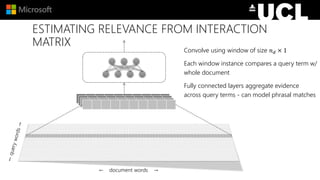 ESTIMATING RELEVANCE FROM INTERACTION
MATRIX
← document words →
Convolve using window of size 𝑛 𝑑 × 1
Each window instance compares a query term w/
whole document
Fully connected layers aggregate evidence
across query terms - can model phrasal matches
 