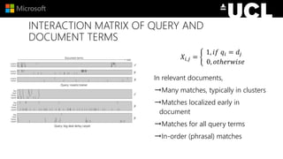 INTERACTION MATRIX OF QUERY AND
DOCUMENT TERMS
𝑋𝑖,𝑗 =
1, 𝑖𝑓 𝑞𝑖 = 𝑑𝑗
0, 𝑜𝑡ℎ𝑒𝑟𝑤𝑖𝑠𝑒
In relevant documents,
→Many matches, typ...