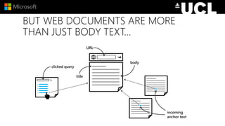 BUT WEB DOCUMENTS ARE MORE
THAN JUST BODY TEXT…
URL
incoming
anchor text
title
body
clicked query
 