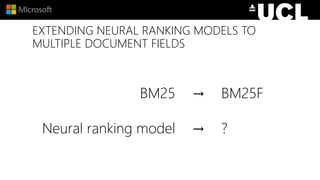EXTENDING NEURAL RANKING MODELS TO
MULTIPLE DOCUMENT FIELDS
BM25
Neural ranking model
→
→
BM25F
?
 