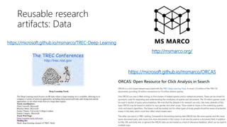 Reusable research
artifacts: Data
https://microsoft.github.io/msmarco/ORCAS
http://msmarco.org/
https://microsoft.github.i...