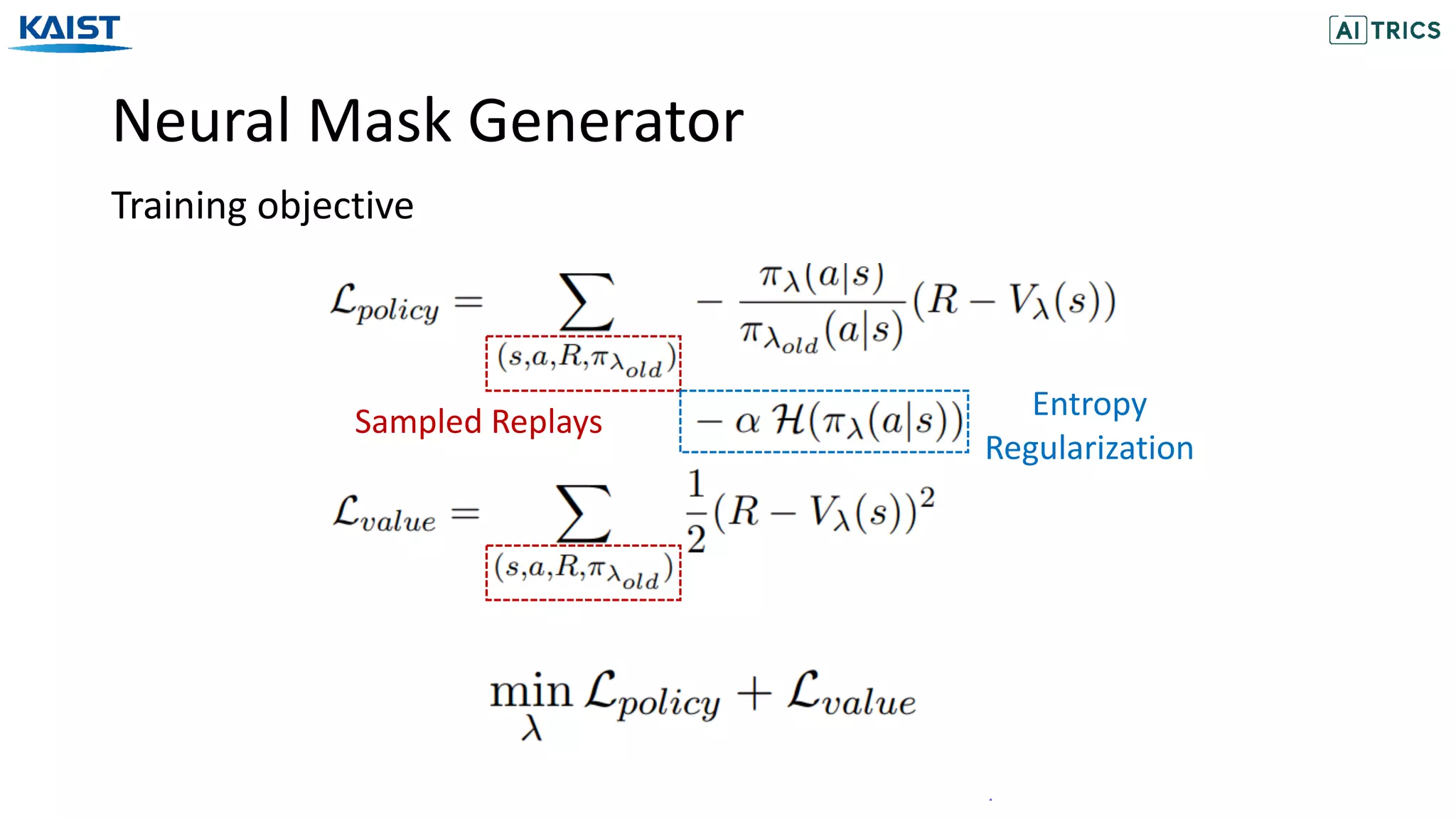 Neural Mask Generator
Training objective
Sampled Replays Entropy
Regularization
 