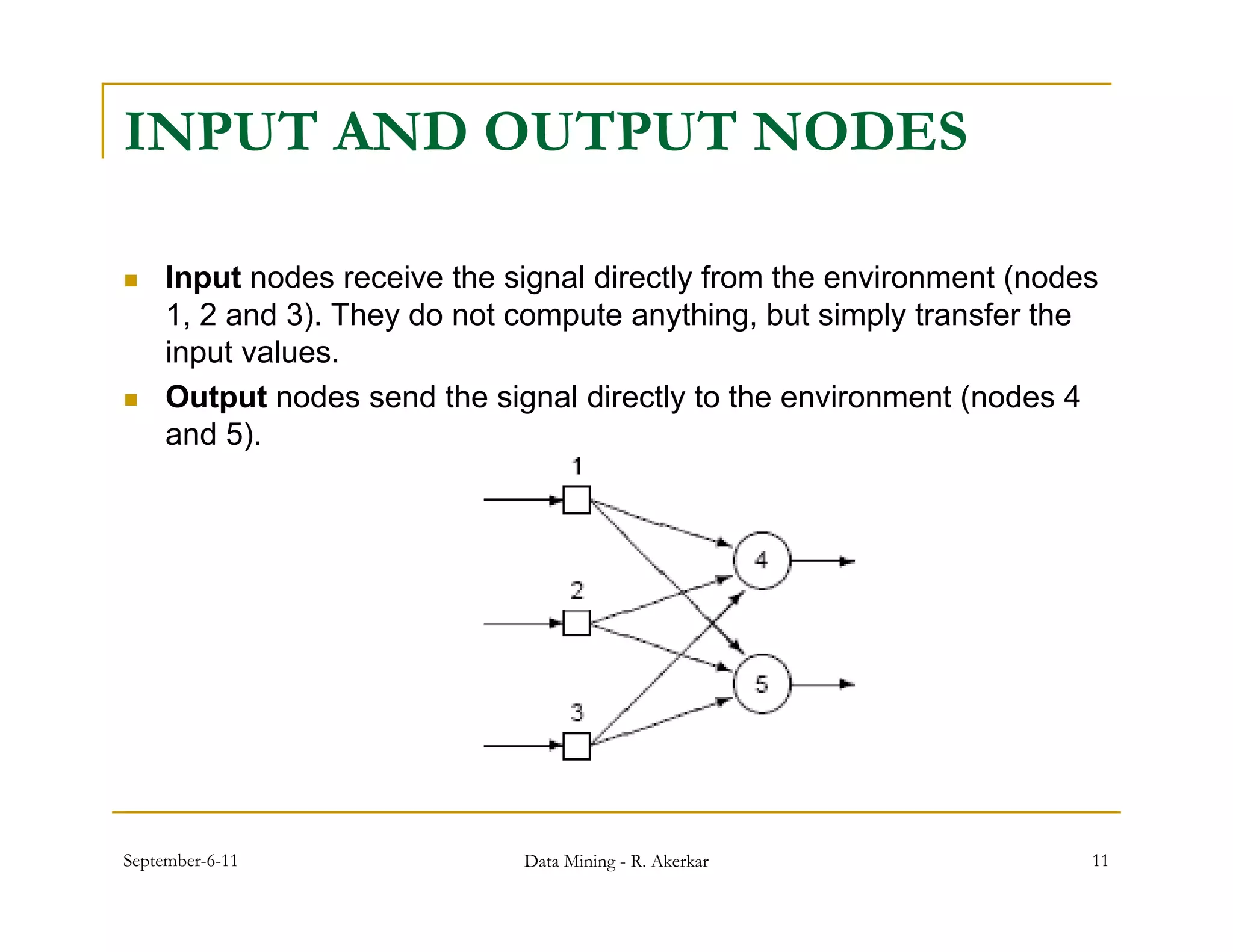 INPUT AND OUTPUT NODES

    Input nodes receive the signal directly from the environment (nodes
     1, 2 and 3). They do not compute anything, but simply transfer the
     input values.
    Output nodes send the signal directly to the environment (nodes 4
     and 5).




September-6-11                Data Mining - R. Akerkar                 11
 
