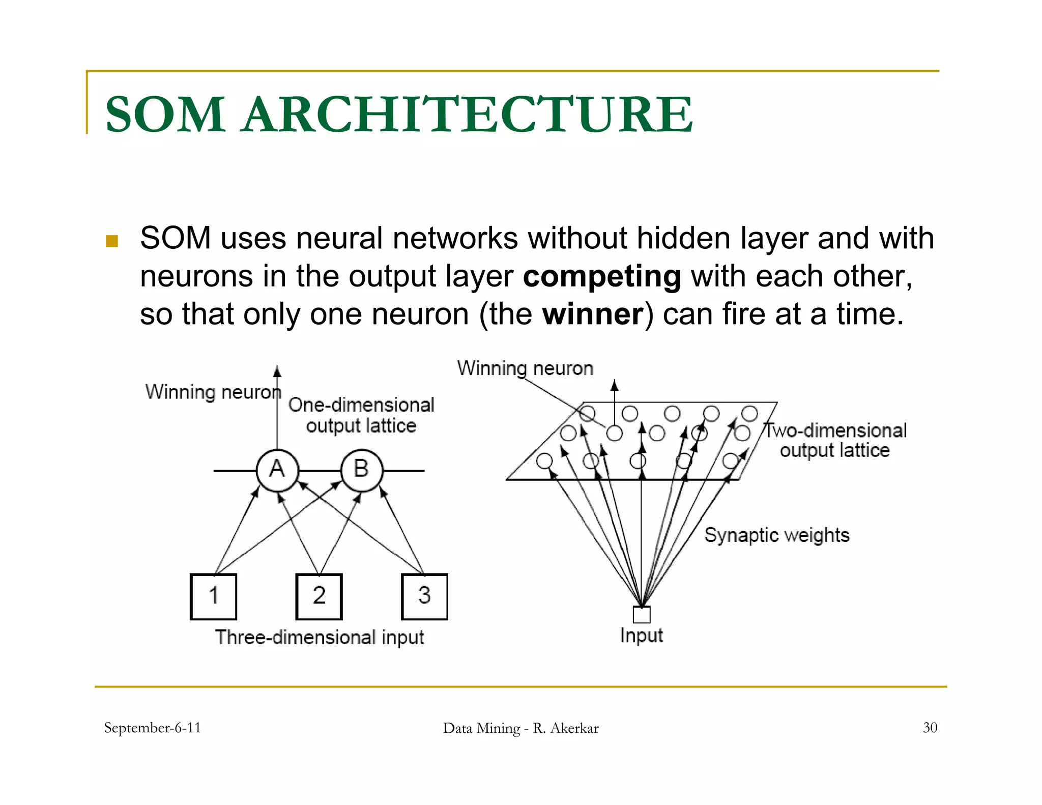 SOM ARCHITECTURE

    SOM uses neural networks without hidden layer and with
                                                  y
     neurons in the output layer competing with each other,
     so that only one neuron (the winner) can fire at a time.




September-6-11            Data Mining - R. Akerkar          30
 