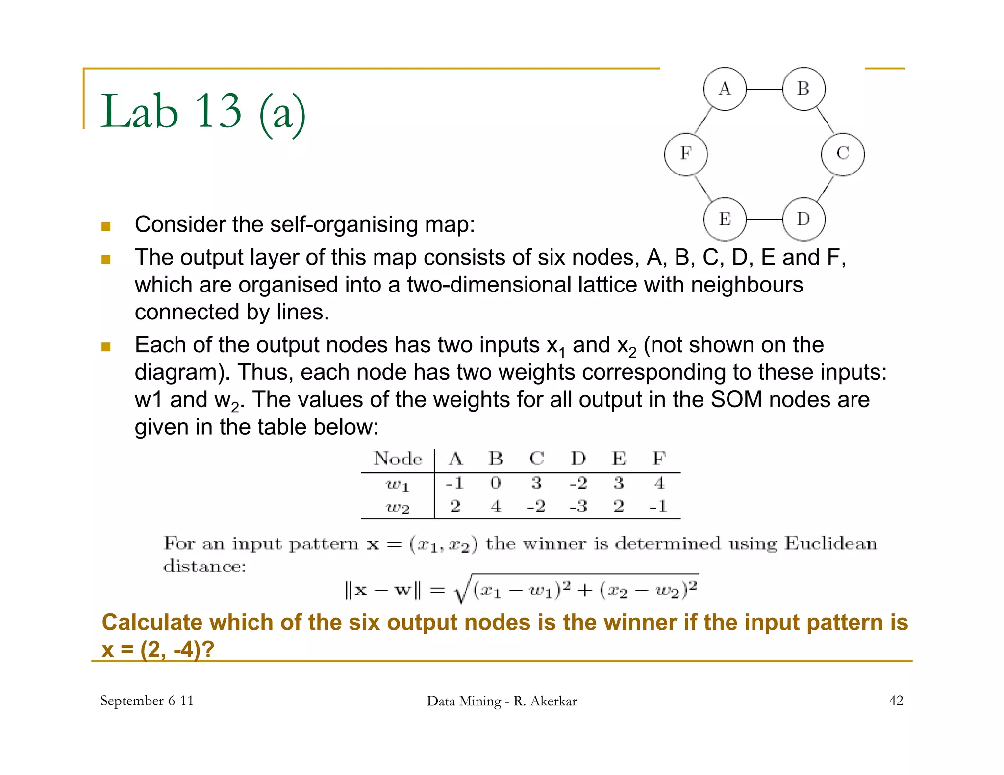 Lab 13 (a)
    Consider the self-organising map:
    The output layer of this map consists of six nodes, A, B, C, D, E and F,
     which are organised into a two-dimensional lattice with neighbours
     connected by lines.
    Each f the t t d h two inputs x1 and x2 ( t shown on the
     E h of th output nodes has t      i    t       d (not h            th
     diagram). Thus, each node has two weights corresponding to these inputs:
     w1 and w2. The values of the weights for all output in the SOM nodes are
     g
     given in the table below:




Calculate which of the six output nodes is the winner if the input pattern is
                              p                                p p
x = (2, -4)?

September-6-11                  Data Mining - R. Akerkar                        42
 