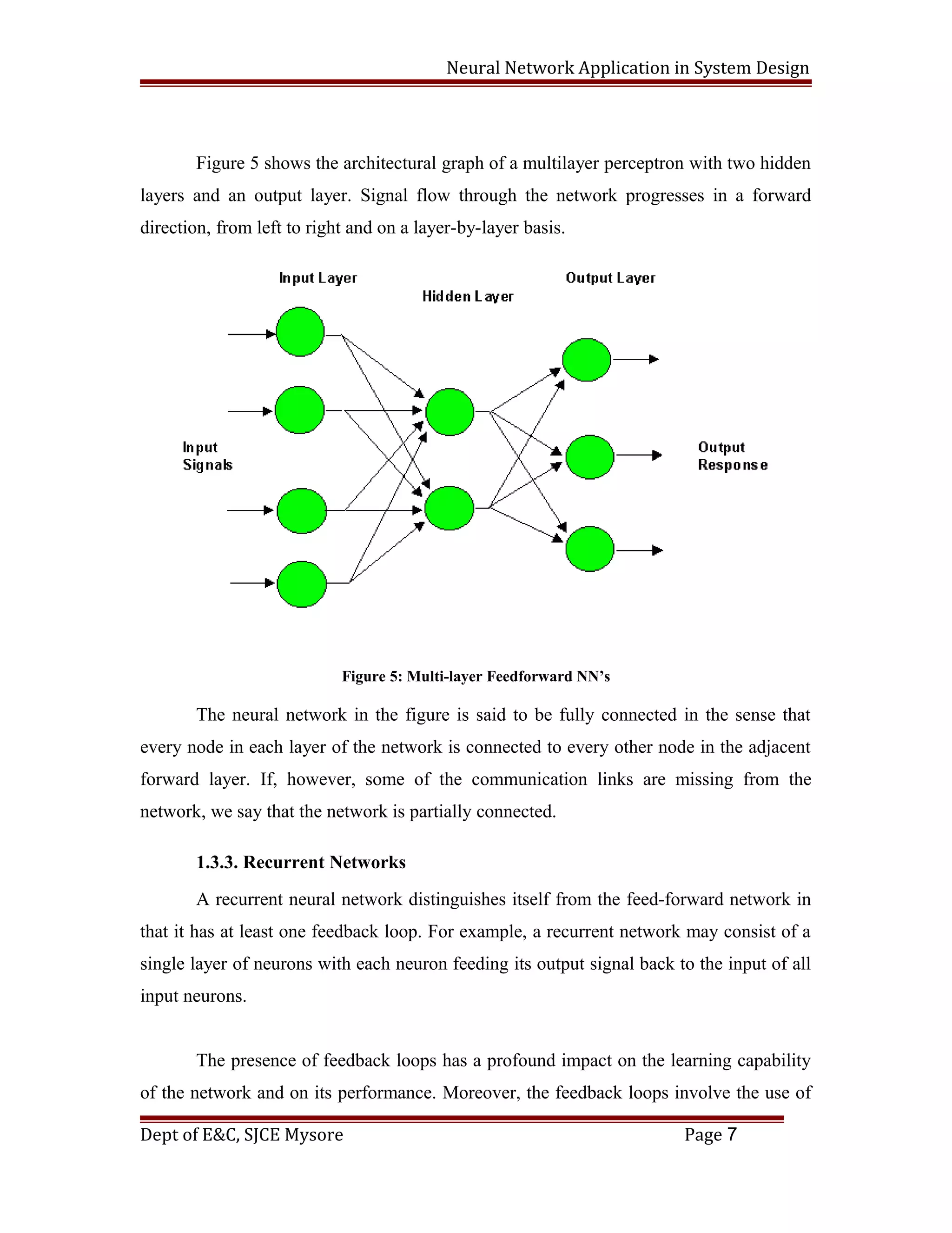 Neural Network Application in System Design
Figure 5 shows the architectural graph of a multilayer perceptron with two hidden
layers and an output layer. Signal flow through the network progresses in a forward
direction, from left to right and on a layer-by-layer basis.
Figure 5: Multi-layer Feedforward NN’s
The neural network in the figure is said to be fully connected in the sense that
every node in each layer of the network is connected to every other node in the adjacent
forward layer. If, however, some of the communication links are missing from the
network, we say that the network is partially connected.
1.3.3. Recurrent Networks
A recurrent neural network distinguishes itself from the feed-forward network in
that it has at least one feedback loop. For example, a recurrent network may consist of a
single layer of neurons with each neuron feeding its output signal back to the input of all
input neurons.
The presence of feedback loops has a profound impact on the learning capability
of the network and on its performance. Moreover, the feedback loops involve the use of
Dept of E&C, SJCE Mysore Page 7
 