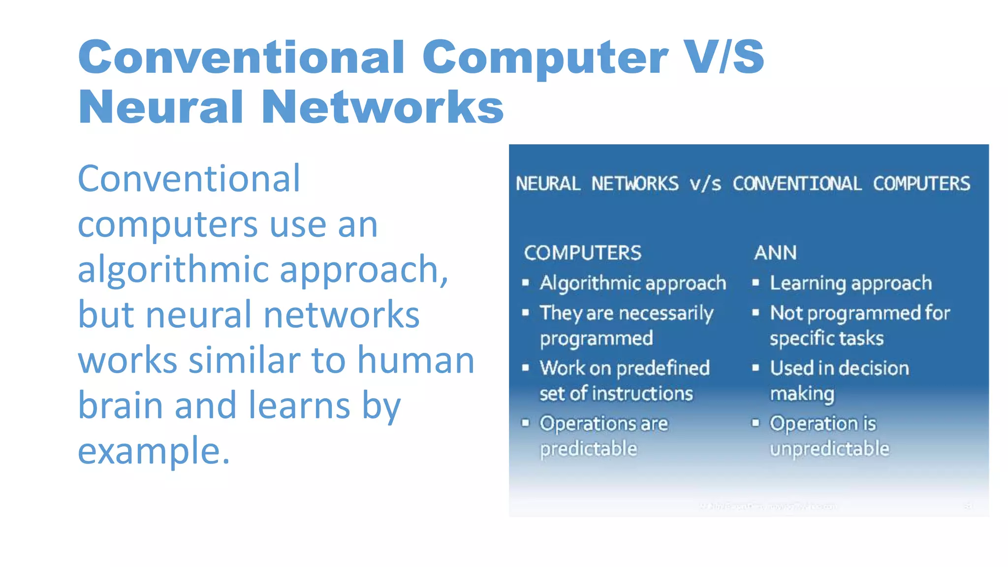 Conventional Computer V/S
Neural Networks
Conventional
computers use an
algorithmic approach,
but neural networks
works similar to human
brain and learns by
example.
 