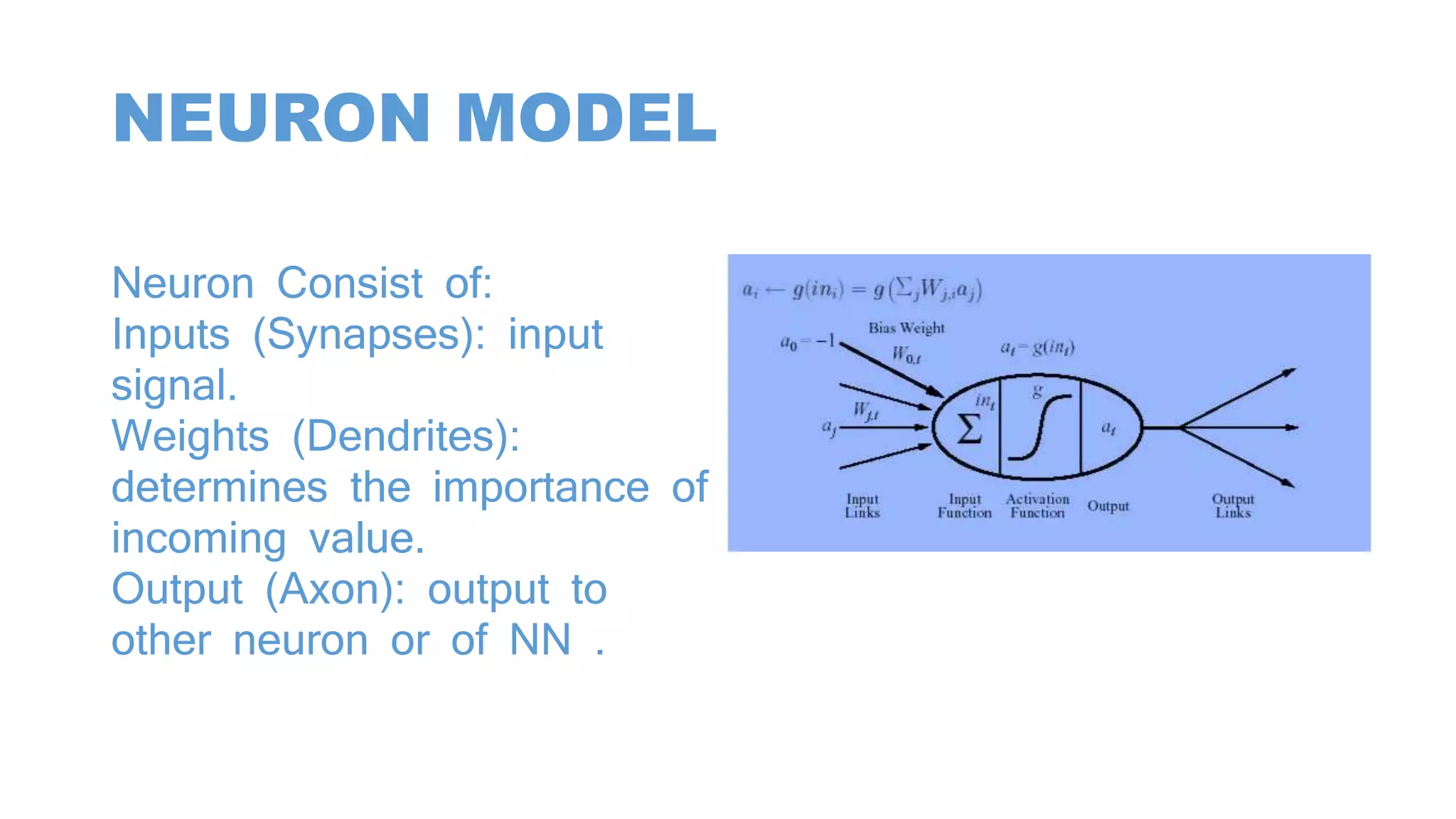 NEURON MODEL
Neuron Consist of:
Inputs (Synapses): input
signal.
Weights (Dendrites):
determines the importance of
incoming value.
Output (Axon): output to
other neuron or of NN .
 