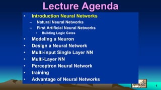 1
Lecture Agenda
• Introduction Neural Networks
– Natural Neural Networks
– First Artificial Neural Networks
• Building Logic Gates
• Modeling a Neuron
• Design a Neural Network
• Multi-input Single Layer NN
• Multi-Layer NN
• Perceptron Neural Network
• training
• Advantage of Neural Networks
 