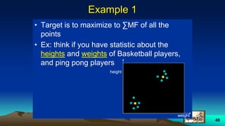 40
Example 1
• Target is to maximize to ∑MF of all the
points
• Ex: think if you have statistic about the
heights and weights of Basketball players,
and ping pong players
** ***
*
*
*
**
.
.height
weight
 