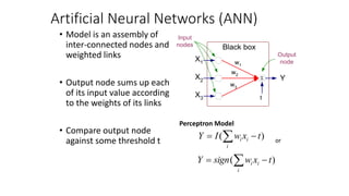 Artificial Neural Networks (ANN)
• Model is an assembly of
inter-connected nodes and
weighted links
• Output node sums up each
of its input value according
to the weights of its links
• Compare output node
against some threshold t

X1
X2
X3
Y
Black box
w1
t
Output
node
Input
nodes
w2
w3
)
( t
x
w
I
Y
i
i
i 
 
Perceptron Model
)
( t
x
w
sign
Y
i
i
i 
 
or
 