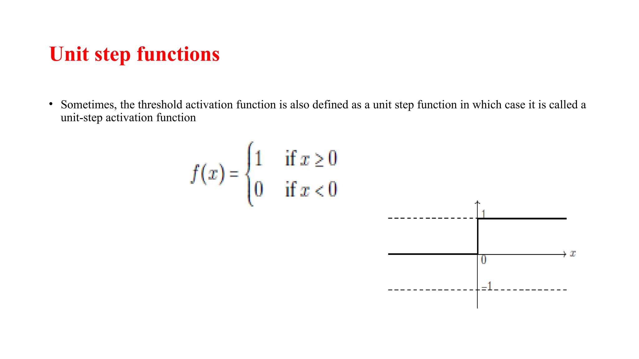 Unit step functions
• Sometimes, the threshold activation function is also defined as a unit step function in which case it is called a
unit-step activation function
 