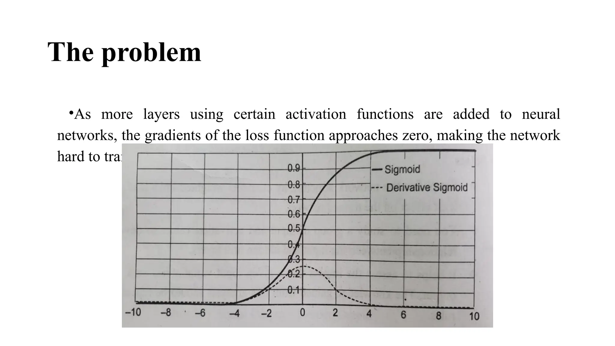 The problem
•As more layers using certain activation functions are added to neural
networks, the gradients of the loss function approaches zero, making the network
hard to train.
 