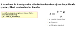 from sklearn.preprocessing import StandardScaler
scaler= StandardScaler()
X_st = scaler.fit_transform(X)
Si les valeurs de X sont grandes, afin d’éviter des mises à jours des poids très
grandes, il faut standardiser les données
▪ z: variable standardisée
▪ μ: Moyenne
▪ σ: Déviation standard
 