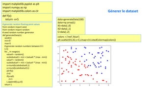 import matplotlib.pyplot as plt
import numpy as np
import matplotlib.colors as clr
def f(x):
return -x+5
# generate random floating point values
from random import seed
from random import random
# seed random number generator
def generateData(n):
seed(1)
min=0
max=5
# generate random numbers between 0-1
L=[]
for _ in range(n):
valueX = random()
scaledvalueX = min + (valueX * (max - min))
valueY = random()
scaledvalueY = min + (valueY * (max - min))
x=round(scaledvalueX,1)
y=round(scaledvalueY,1)
y0=f(x)
cl=0
if(y>y0):
cl=1
L.append([x,y,cl])
return L
data=generateData(100)
data=np.array(L)
X1=data[:,0]
X2=data[:,1]
C=data[:,2]
colors = ['red','blue']
plt.scatter(X1,X2,c=C,cmap=clr.ListedColormap(colors))
Génerer le dataset
 