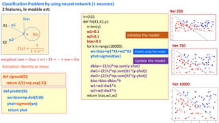 lr=0.01
def fit(X1,X2,y):
n=len(y)
w1=0.1
w2=0.1
bias=0.1
for k in range(10000):
ws=bias+w1*X1+w2*X2
yhat=sigmoid(ws)
dbias=-(2/n)*np.sum(y-yhat)
dw1=-(2/n)*np.sum(X1*(y-yhat))
dw2=-(2/n)*np.sum(X2*(y-yhat))
bias=bias-dbias*lr
w1=w1-dw1*lr
w2=w2-dw2*lr
return bias,w1,w2
initialize the model
Predict using the model
Update the model
Iter 10000
Iter 250
Iter 750
Classification Problem by using neural network (1 neurone)
2 features, le modèle est:
X1
X2
w1
s f(s)
bias
w2
def sigmoid(Z):
return 1/(1+np.exp(-Z))
Activation: Identity or linear
def predict(X):
ws=bias+np.dot(X,W)
yhat=sigmoid(ws)
return yhat
𝑤𝑒𝑖𝑔ℎ𝑡𝑒𝑑 𝑠𝑢𝑚 = 𝑏𝑖𝑎𝑠 + 𝑤1 ∗ 𝑋1 + ⋯ + 𝑤𝑚 ∗ 𝑋𝑚
𝑓 𝑠 =
1
1 + 𝑒−𝑠
 