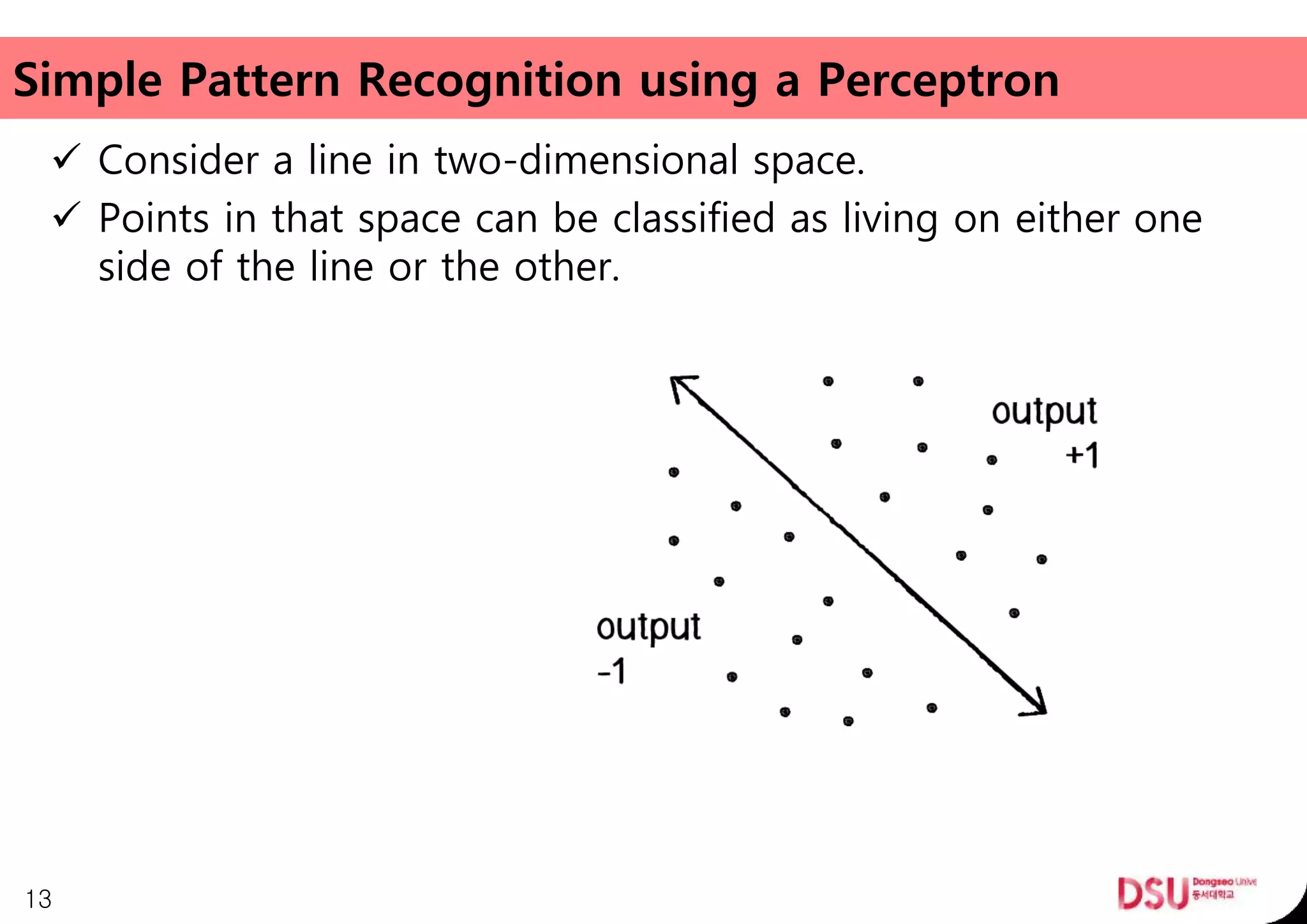 Simple Pattern Recognition using a Perceptron
 Consider a line in two-dimensional space.
 Points in that space can be classified as living on either one
side of the line or the other.
13
 