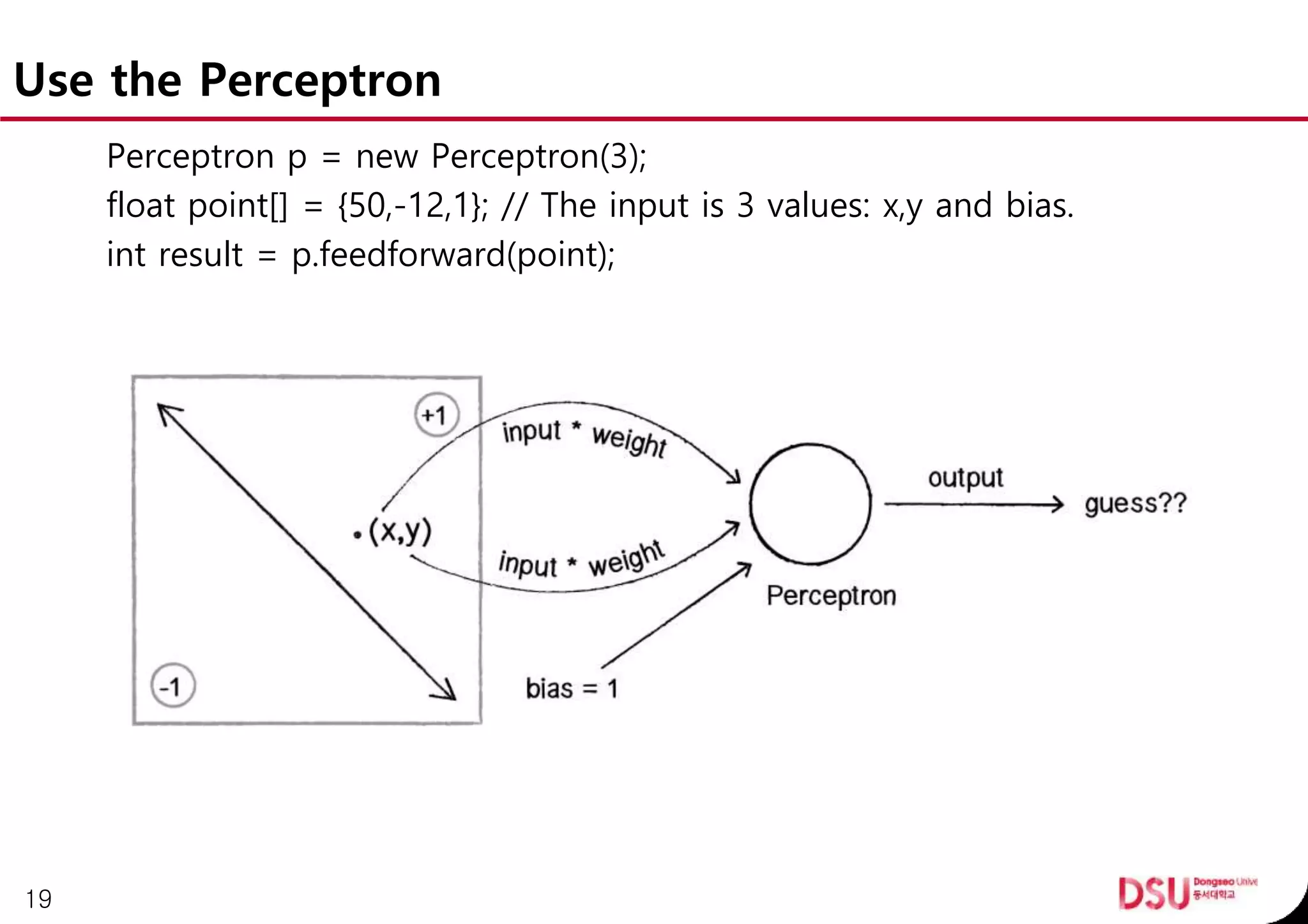 Use the Perceptron
Perceptron p = new Perceptron(3);
float point[] = {50,-12,1}; // The input is 3 values: x,y and bias.
int result = p.feedforward(point);
19
 