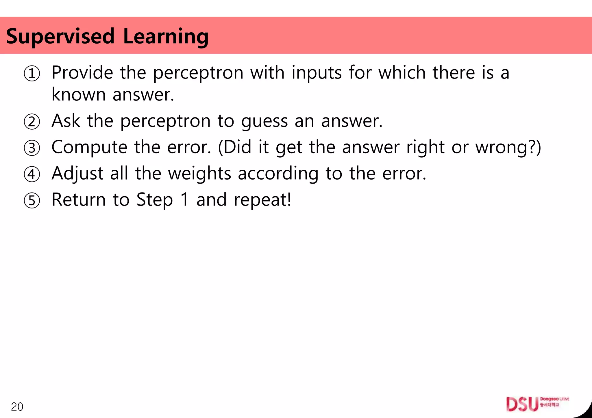 Supervised Learning
① Provide the perceptron with inputs for which there is a
known answer.
② Ask the perceptron to guess an answer.
③ Compute the error. (Did it get the answer right or wrong?)
④ Adjust all the weights according to the error.
⑤ Return to Step 1 and repeat!
20
 
