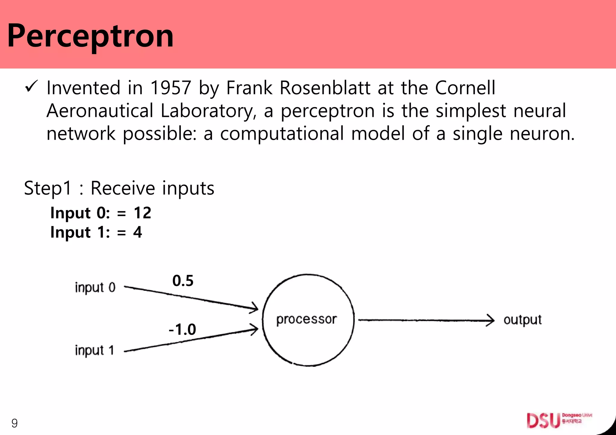 Perceptron
 Invented in 1957 by Frank Rosenblatt at the Cornell
Aeronautical Laboratory, a perceptron is the simplest neural
network possible: a computational model of a single neuron.
Step1 : Receive inputs
Input 0: = 12
Input 1: = 4
9
0.5
-1.0
 