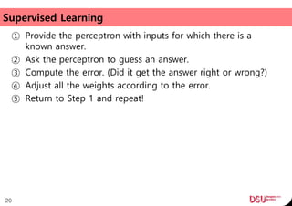 Supervised Learning
① Provide the perceptron with inputs for which there is a
known answer.
② Ask the perceptron to guess an answer.
③ Compute the error. (Did it get the answer right or wrong?)
④ Adjust all the weights according to the error.
⑤ Return to Step 1 and repeat!
20
 