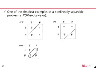  One of the simplest examples of a nonlinearly separable
problem is XOR(exclusive or).
37
 