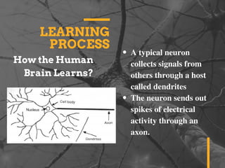 LEARNING
PROCESS
A typical neuron
collects signals from
others through a host
called dendrites
The neuron sends out
spikes of electrical
activity through an
axon.
How the Human
Brain Learns?
 